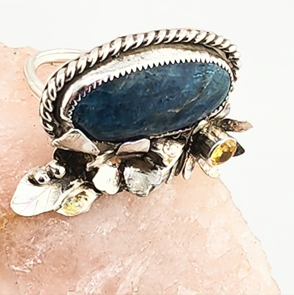 BLUE APATITE & CITRINE FLORAL RING HANDMADE IN RECYCLE STERLING SILVER SZ 8 - Picture 3 of 8